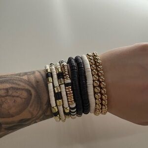 Black, White & Gold Stretch Bracelet Stack – Mixed Beads